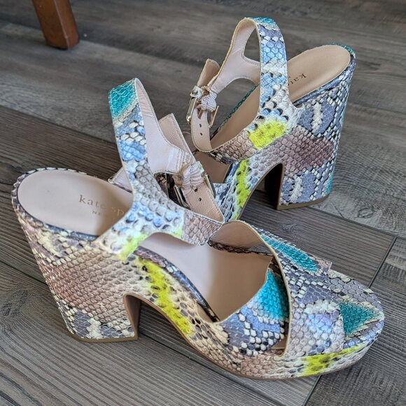 Kate Spade Women's Grace Platform Sandals Leather Snake Print Blue Green 7.5 - Picture 4 of 11